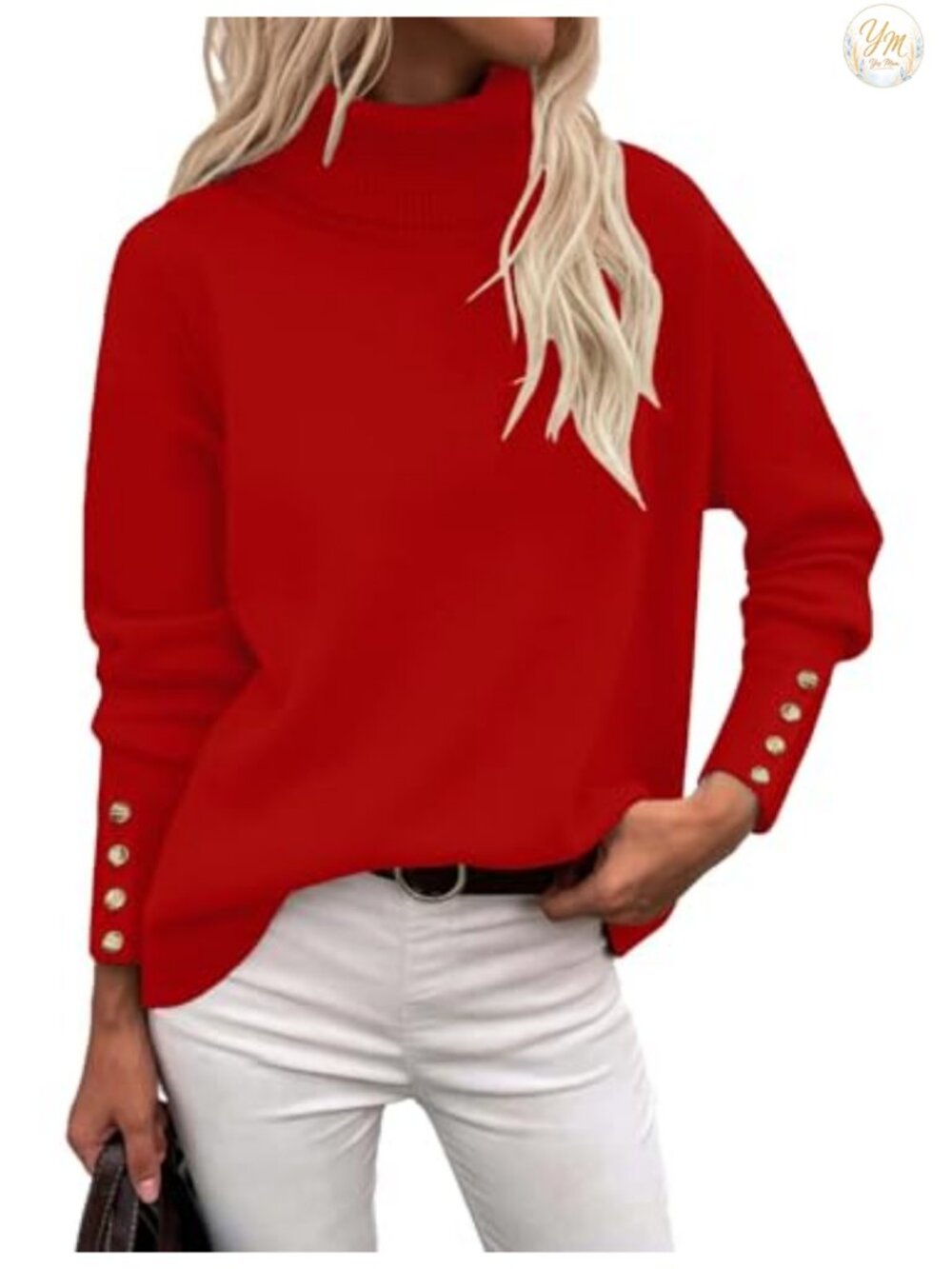 Women's Turtleneck Knit Pullover Sweater High Low Hem Metal Button Cuffs